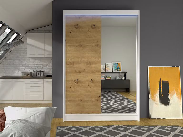 MIRJAN24 Armadio ad ante scorrevoli Lino I, con specchio, armadio del produttore (bianco / rovere Artisan, con illuminazione LED RGB)