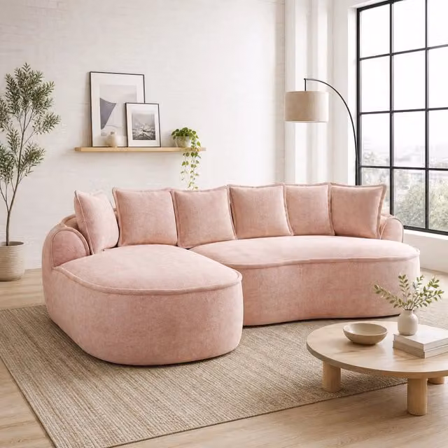 Divano modulare in ciniglia senza struttura con seduta profonda, chaise longue e braccioli larghi rosa 252 × 164 × 67 cm