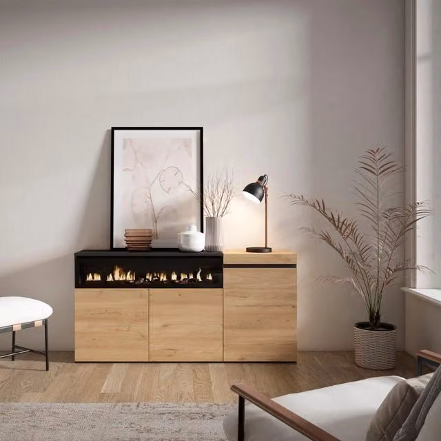 Credenza, Mobile, 150x35x75cm, 3 Porte, Camino elettrico, colore Rovere e nero RF2518