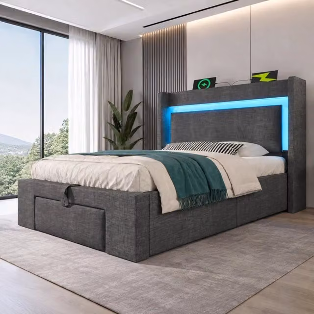 Letto singolo imbottito 90 × 200 cm con vano contenitore testiera LED USB USB-C legno metallo lino grigio