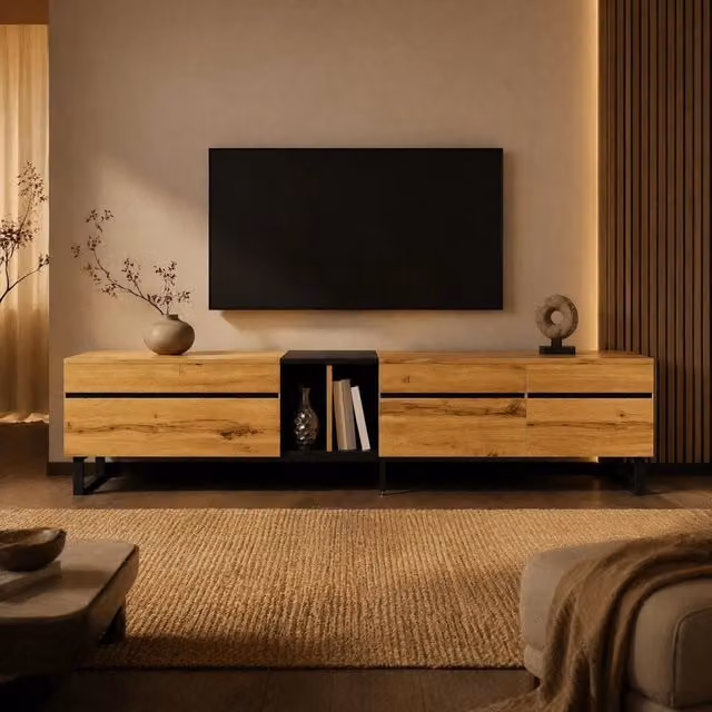 Mobile TV ULEVR 180x38x45 cm con vano a ribalta idraulico, ripiani aperti e 2 ante, colore legno