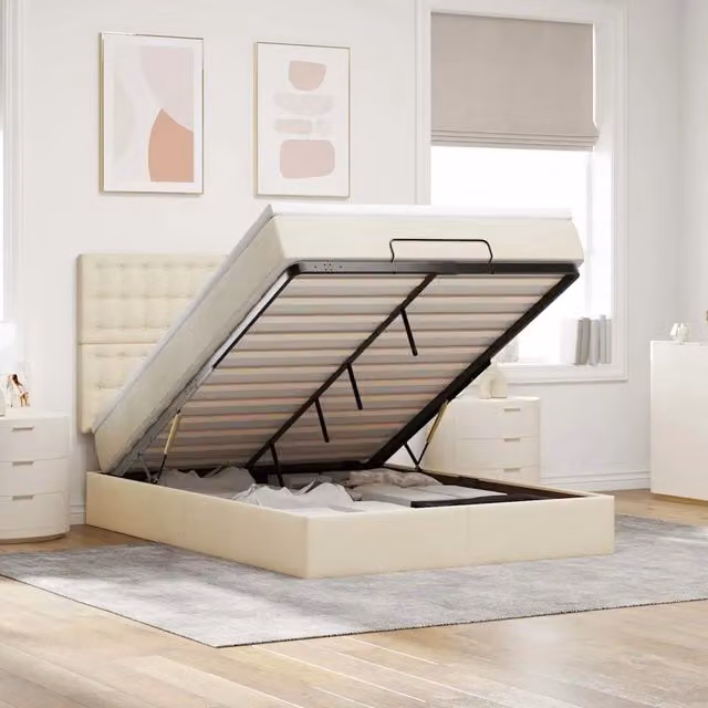 Letto moderno vidaXL con base contenitore a sollevamento, illuminazione sottostante e porte USB, colore beige e bianco, L/P/H: 200 x 140 x 280 cm