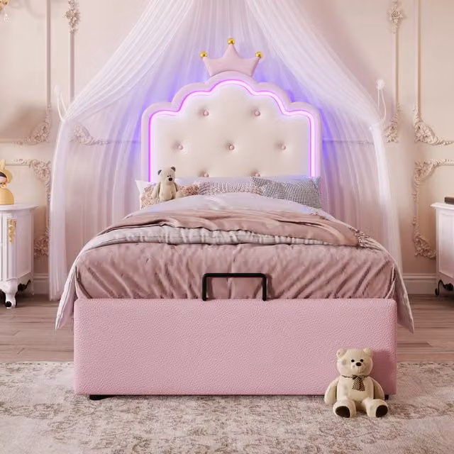 Letto imbottito per bambini rosa con contenitore idraulico, rete e illuminazione LED, L/P/H: 90 x 200 x 134 cm