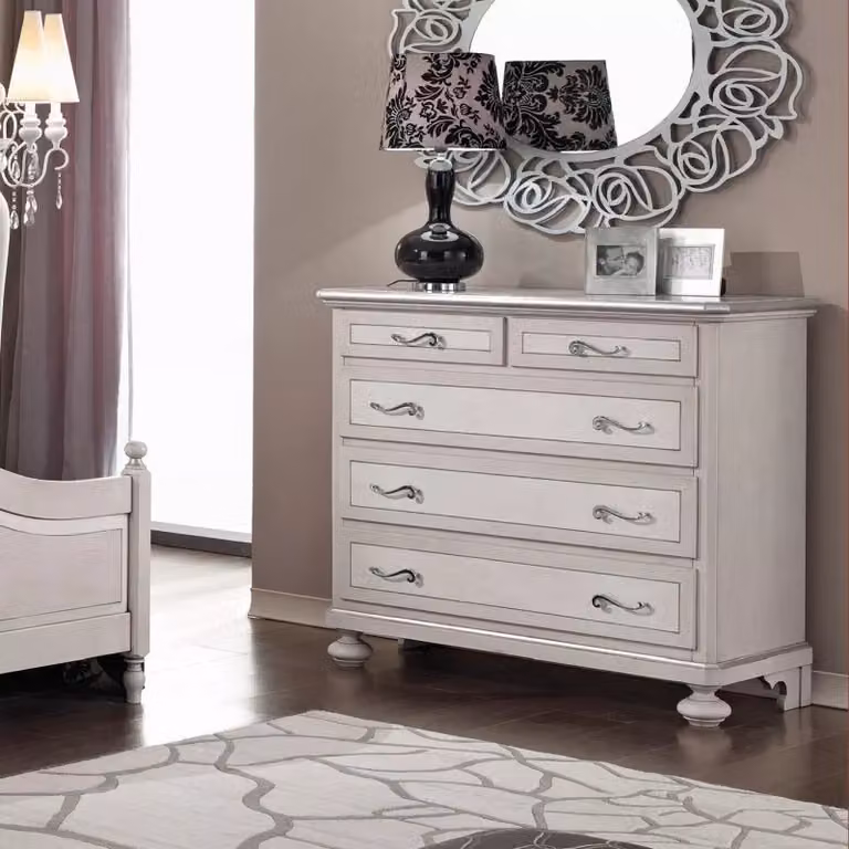 Cassettiera in legno stile shabby arte povera con 5 cassetti Mobili 2G colore tortora grigio L: 116 cm, P: 51 cm, H: 101 cm