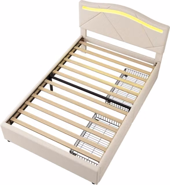 Letto singolo moderno Chicfurn in lino beige con 2 cassetti, illuminazione LED sotto il letto e testiera regolabile, L/P/H: 90 x 200 x 108,5 cm