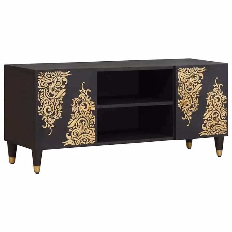 Mobile TV vidaXL moderno in legno di mango massello, Nero e Marrone, L 105 x P 33 x H 46 cm