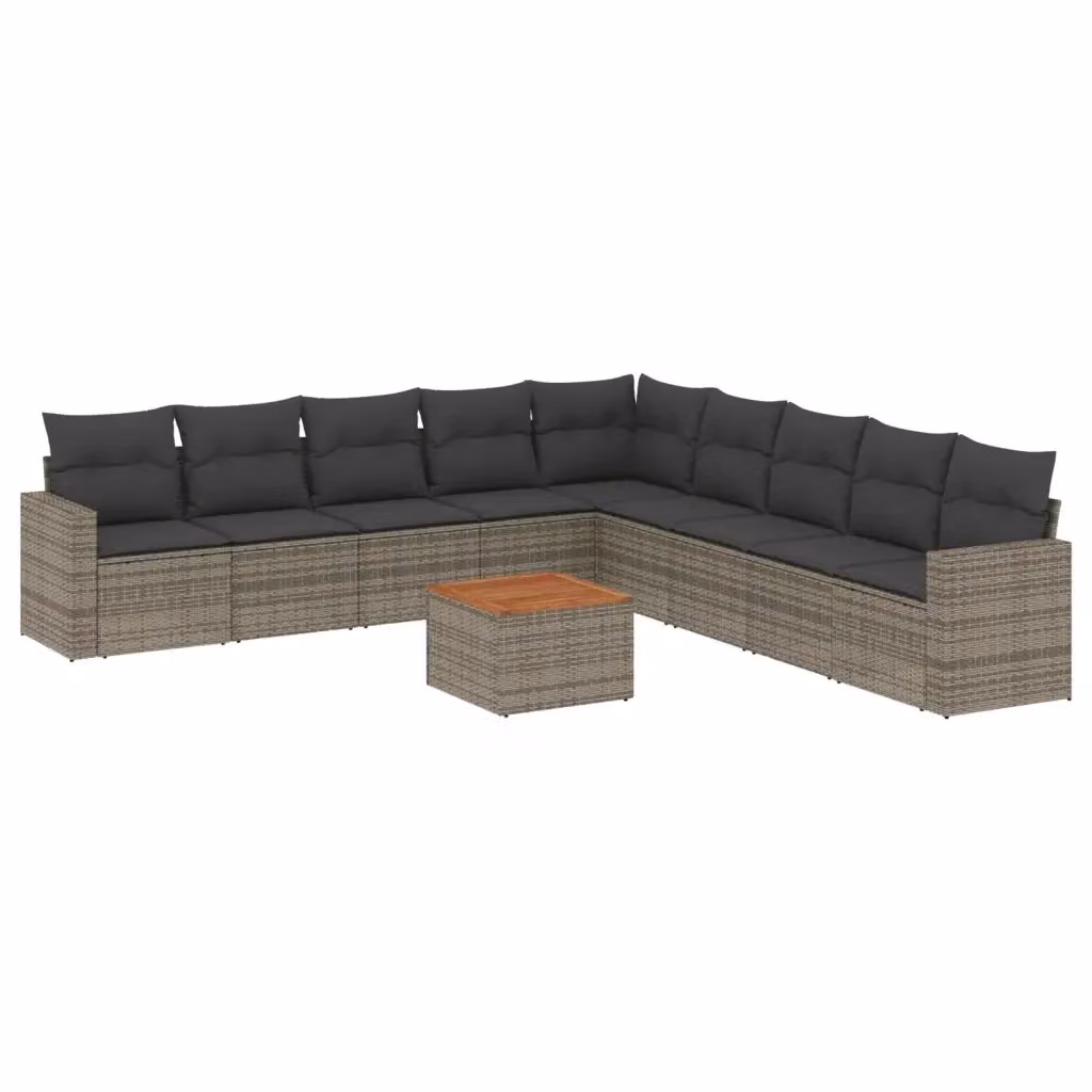 vidaXL Set Divano da Giardino 10 pz a Forma a L in Polyrattan Grigio con Cuscini e Tavolino – 2