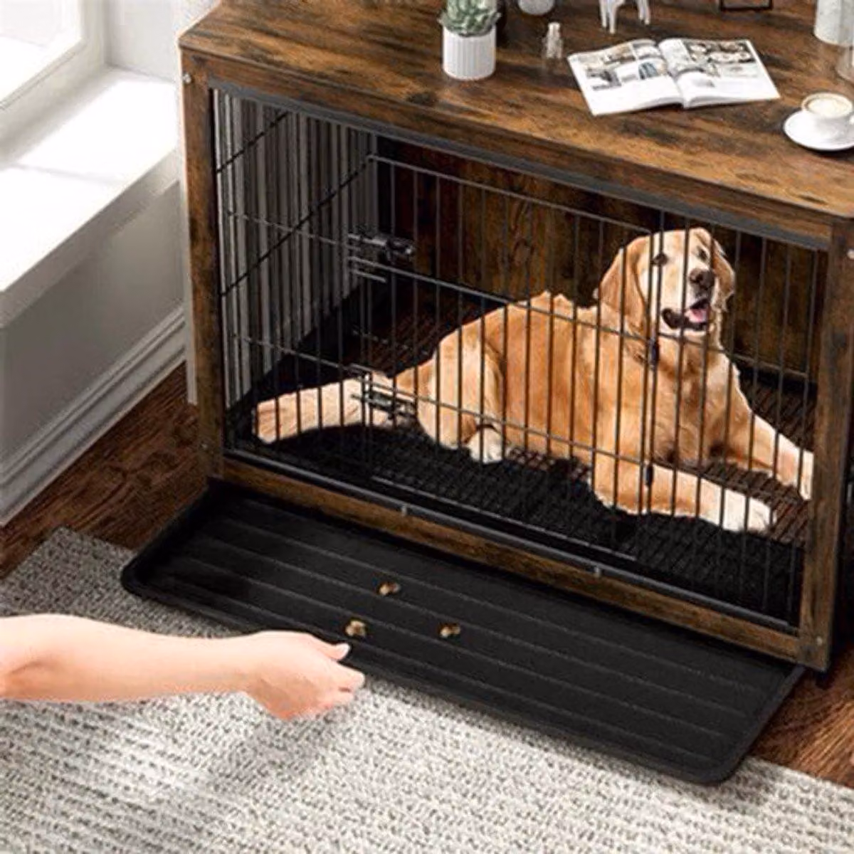 Gabbia per cani in legno - Casa per cani 3-in-1 - Tavolino laterale - Stile industriale - Con doppia porta