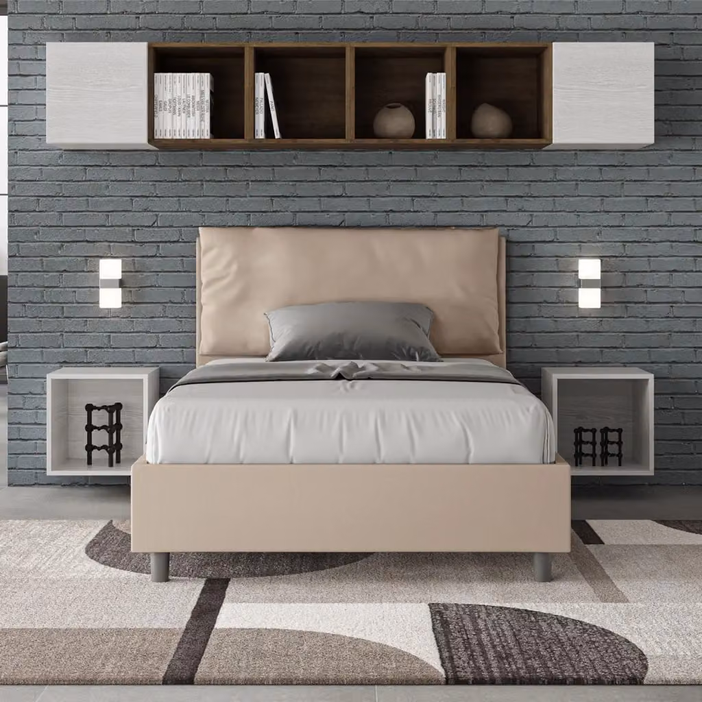 Letto Antea Large 1 Piazza e Mezzo con Rete e Contenitore Imbottito in Similpelle Beige L/P/H: 120 x 210 x 110 cm – 2