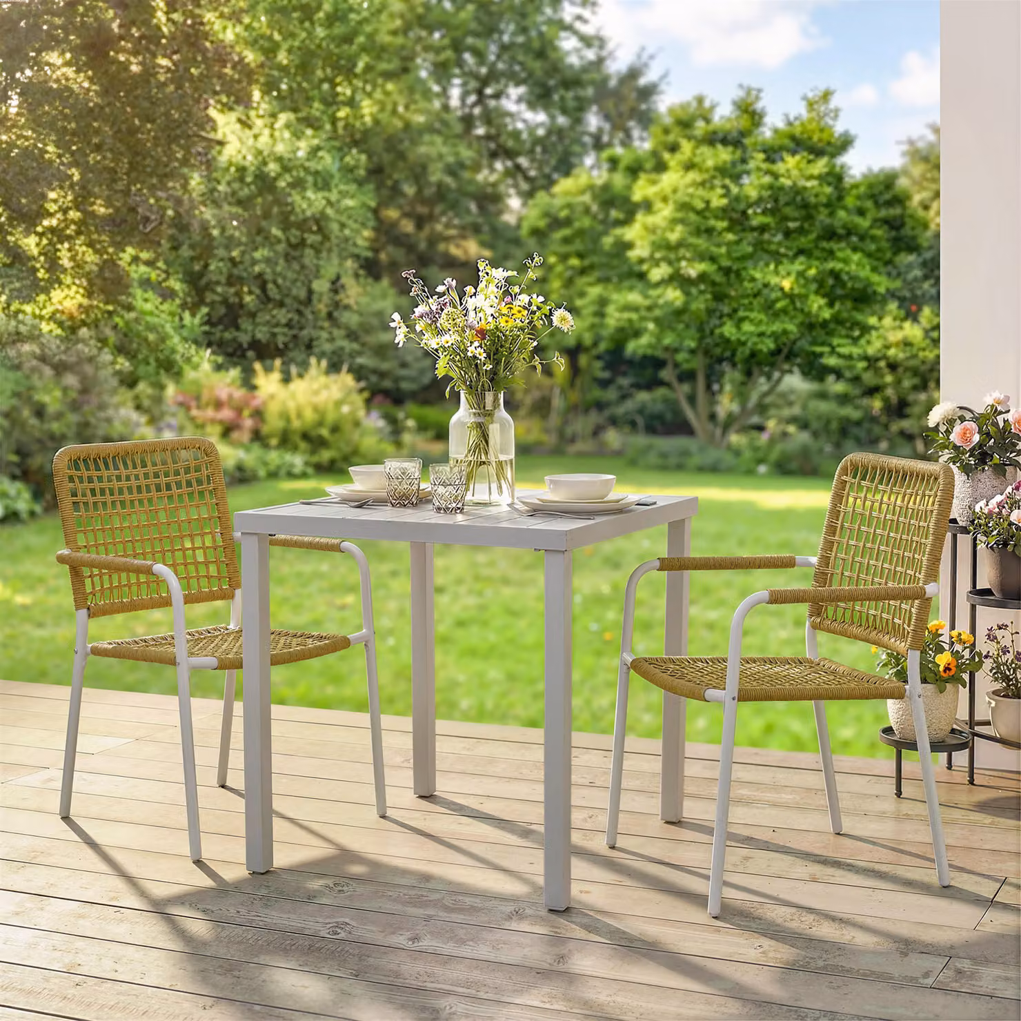 Set di 2 sedie da giardino impilabili Outsunny in resina intrecciata con braccioli e schienale, Giallo, L 55 x P 57 x H 82 cm – 2