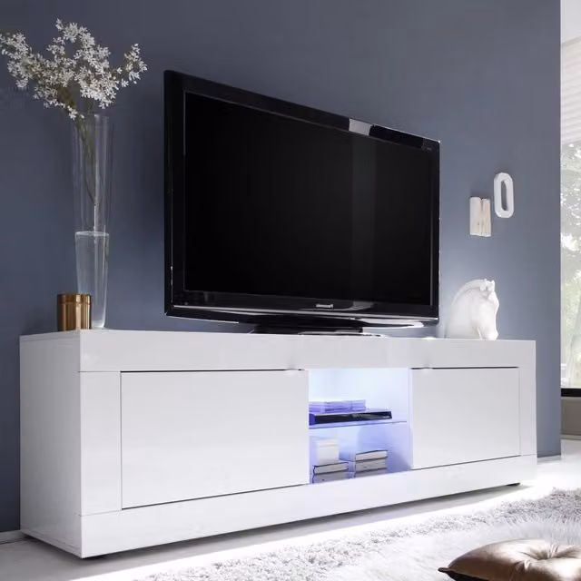 Massaia, Mobile Porta tv un Ripiano, 180x43x56h cm Bianco Lucido