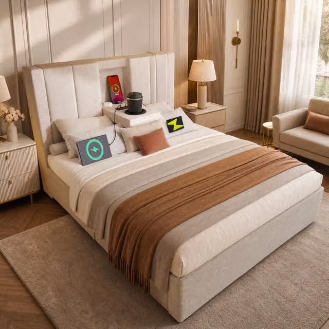 Letto imbottito 90 x 200 cm beige con stazione di ricarica, portabicchiere e vano contenitore