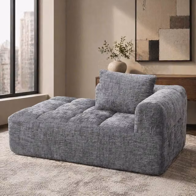 Divano chaise longue in ciniglia grigio con tasche laterali e cuscino; 158 x 90 x 60 cm