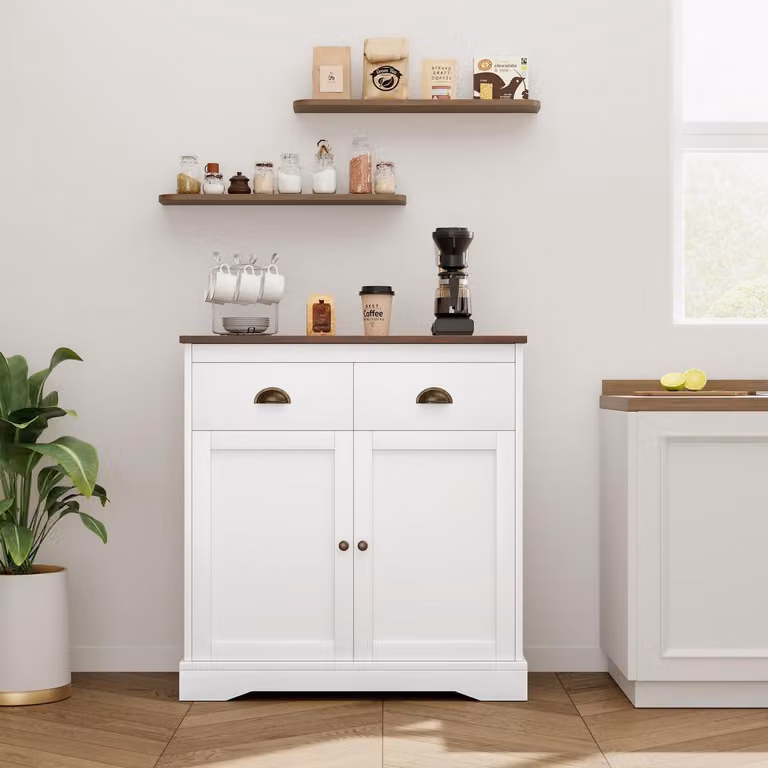 Mobiletto da cucina, credenza con piano di lavoro, 2 ante, 2 cassetti, bianco, 80x40x90 cm
