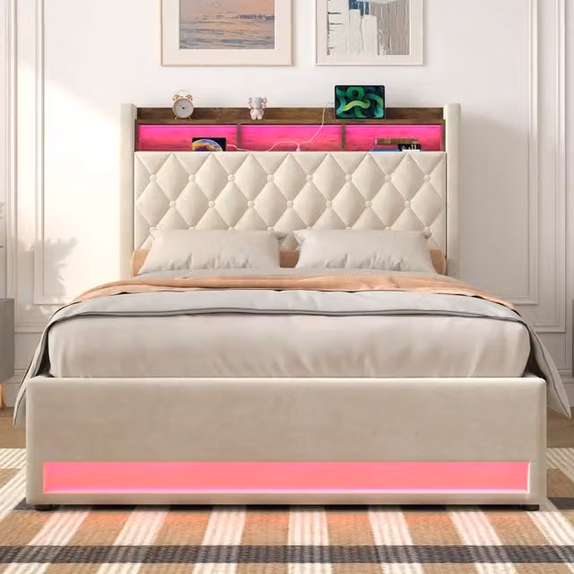 Letto matrimoniale imbottito 140x190 cm in velluto beige con contenitore e LED integrato