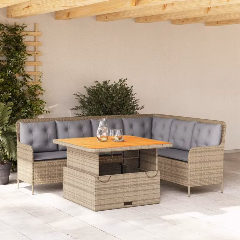 Set di Divani da Giardino vidaXL a Forma di L con Cuscini Beige e Tavolino in Polyrattan e Metallo