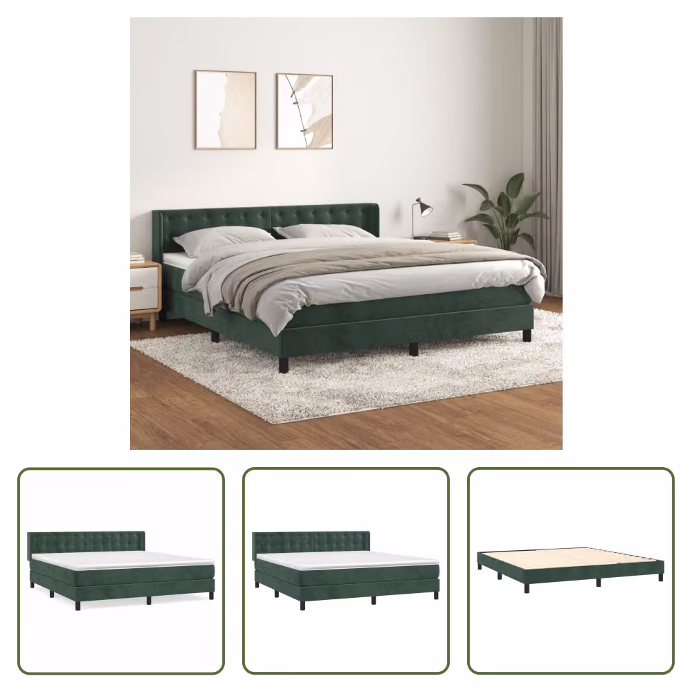 The Living Store Letto a molle con materasso verde scuro 160x200 cm in velluto