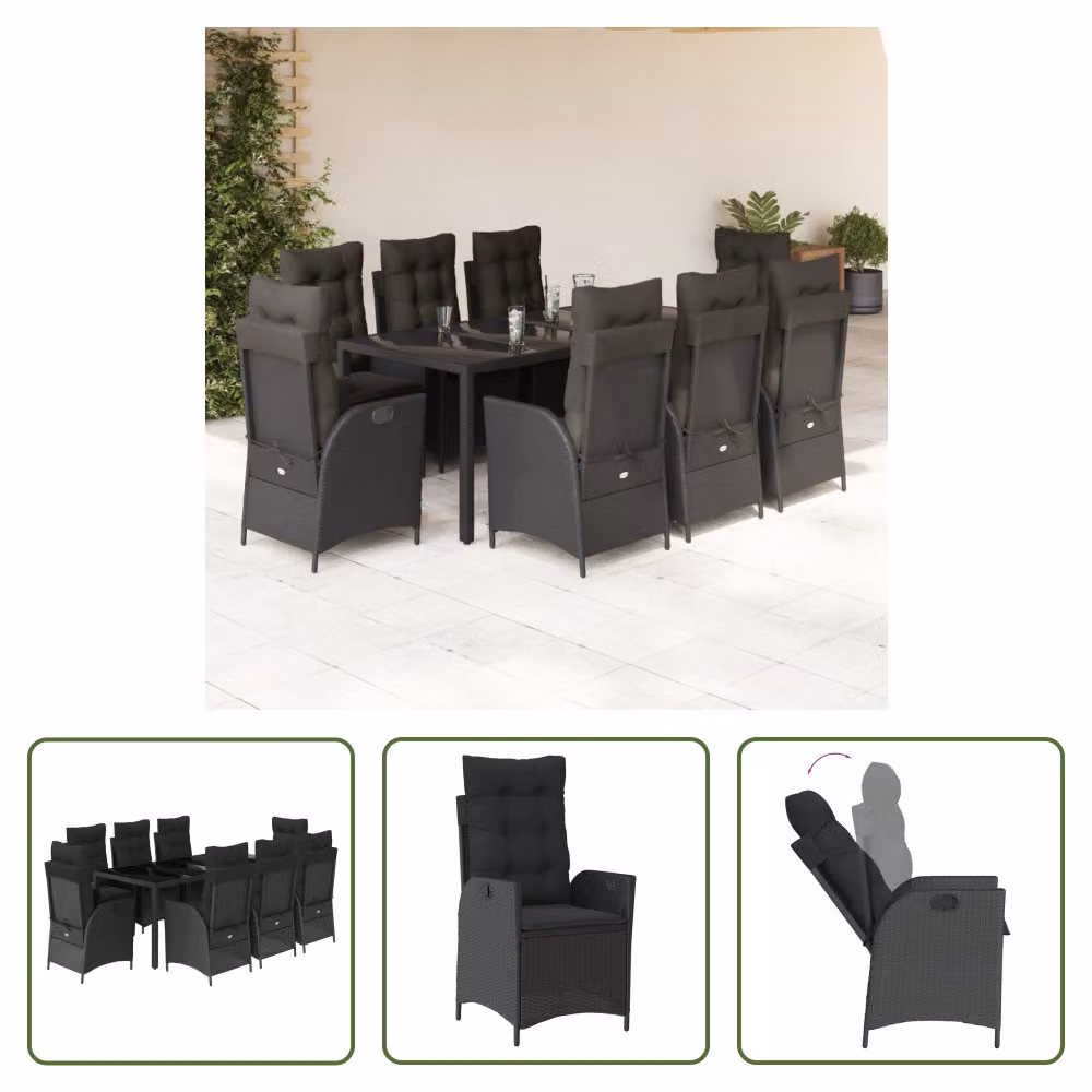 The Living Store Set da pranzo da giardino 9 pezzi con cuscini in polirattan nero