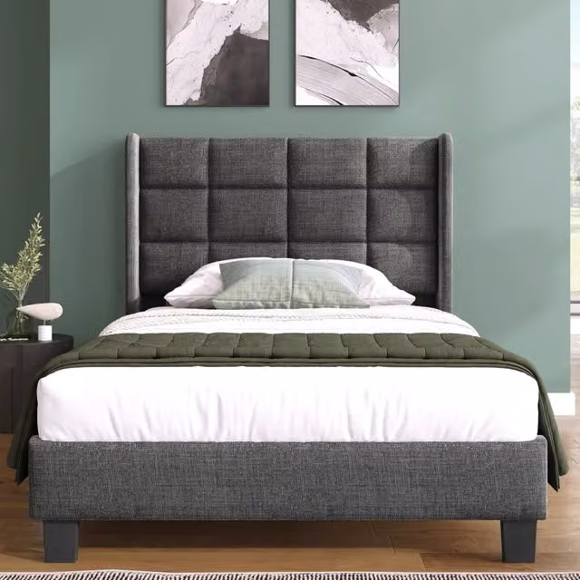 Letto singolo 90 × 200 cm con rete a doghe e materasso a molle rivestito in lino grigio con testiera imbottita