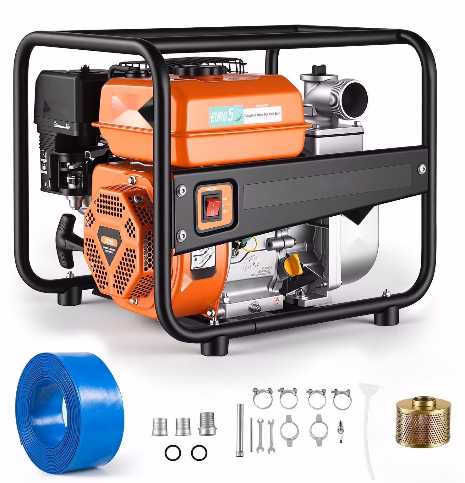 Pompa per acqua sporca a benzina - Potenza 7 CV - Attacco da 50 mm (2 pollici) - Portata 600 litri/minuto - Pompa motorizzata portatile con girante in ghisa - Include tubo flessibile da 7,6 metri