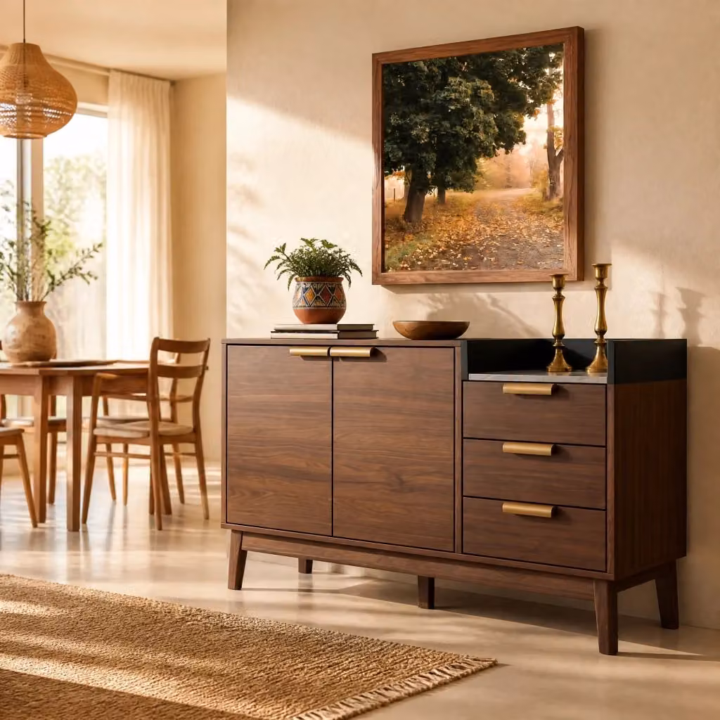Credenza moderna in rovere marrone con struttura in legno e metallo per soggiorno – 2