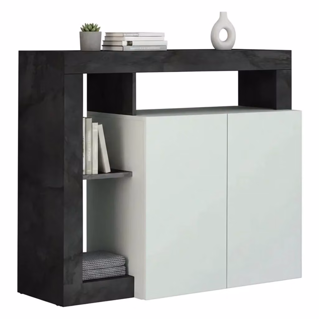 Madia moderna DMORA con 2 ante e vani a giorno, mobile portaoggetti e buffet da cucina, Bianco e Grigio, L: 108 cm, P: 42 cm, H: 93 cm – 2