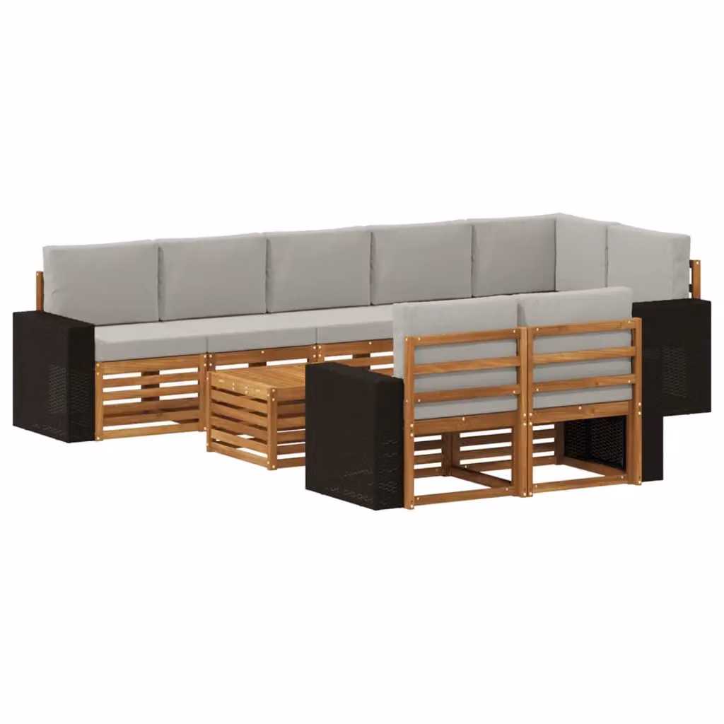 Set di divani da esterno a L con tavolino vidaXL, 9 pezzi in legno di acacia e tessuto resistente ai raggi UV, Colore Marrone e Grigio – 2
