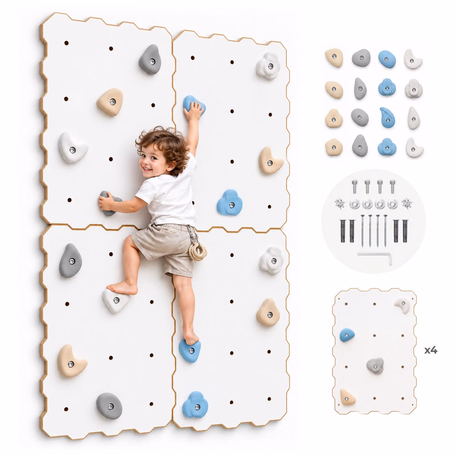 MAMOI® Parete da arrampicata da interno con appigli, 4 moduli, parete da arrampicata moderna per camera, pannello in legno bianco, set da arrampicata