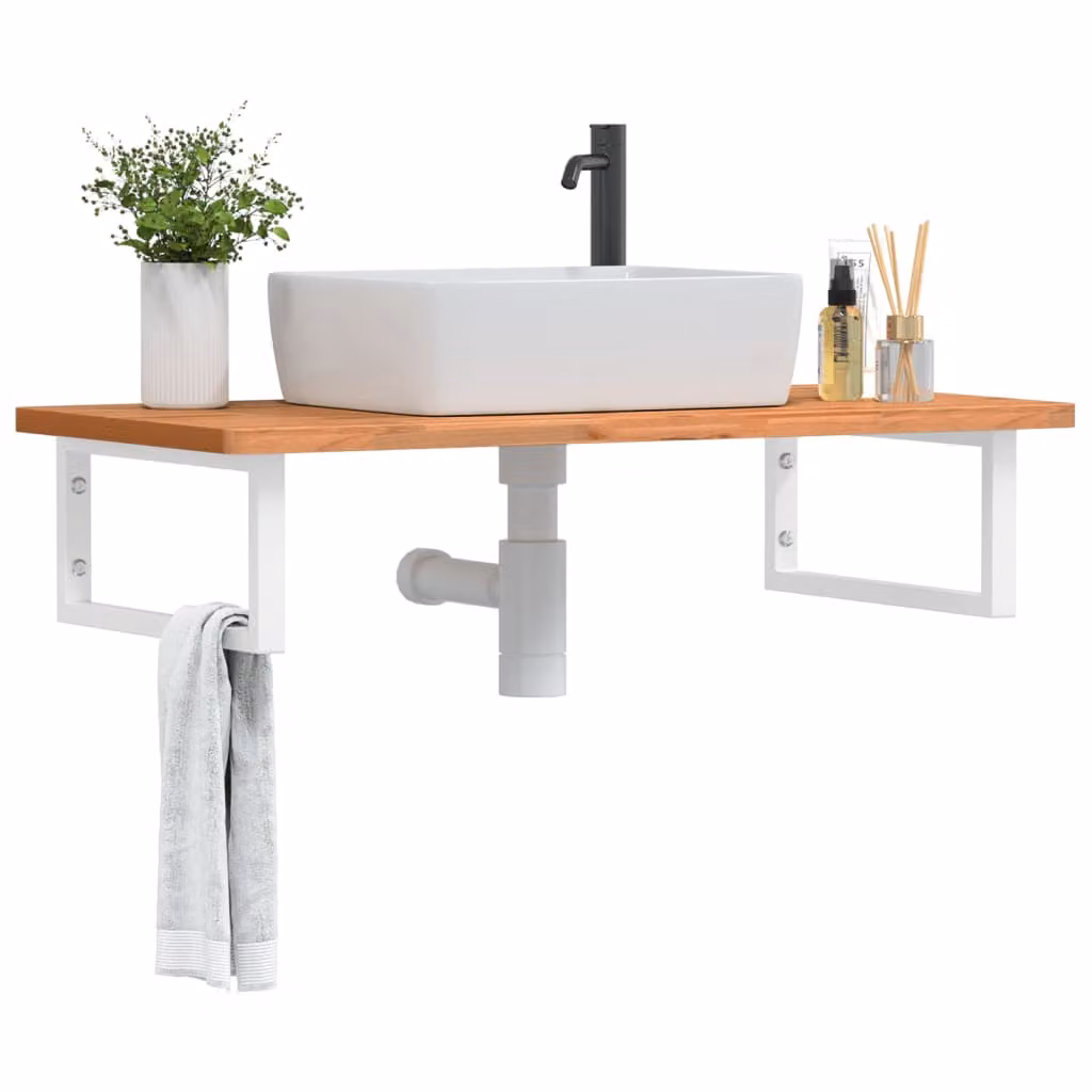 vidaXL Ripiano a Parete per Lavabo in Acciaio e Faggio Massello, Bianco e Marrone