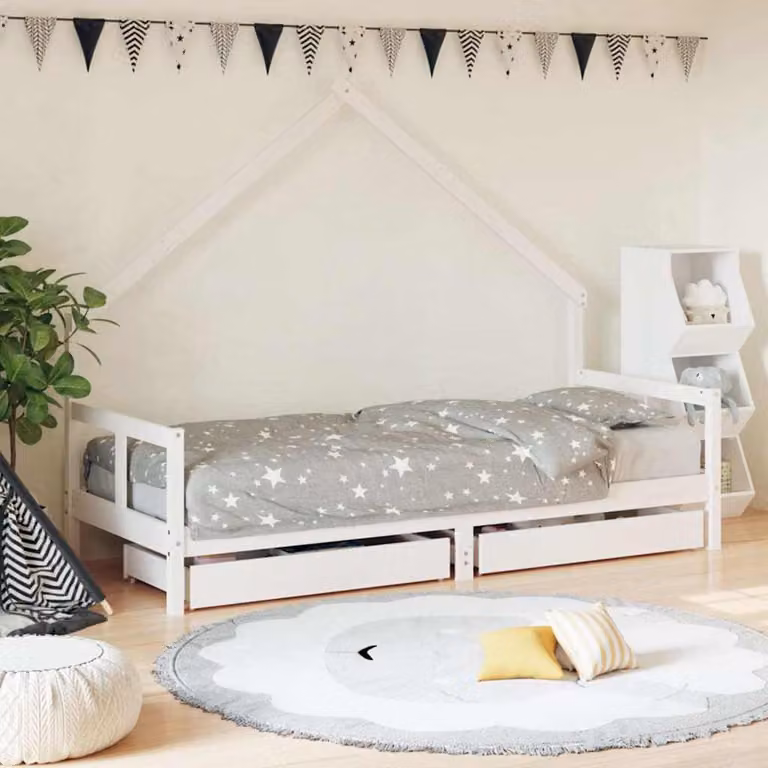 vidaXL Giroletto per Bambini in Legno di Pino Massello Bianco con Cassetti L/P/H: 200 x 80 x 85,5 cm