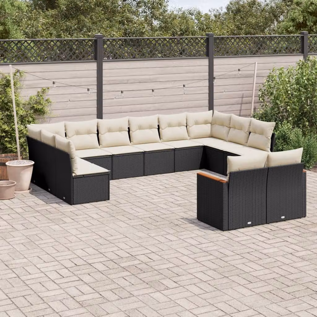 Set di divani da giardino vidaXL 12 pezzi a forma di U in polyrattan nero con cuscini imbottiti e coperture rimovibili – 1
