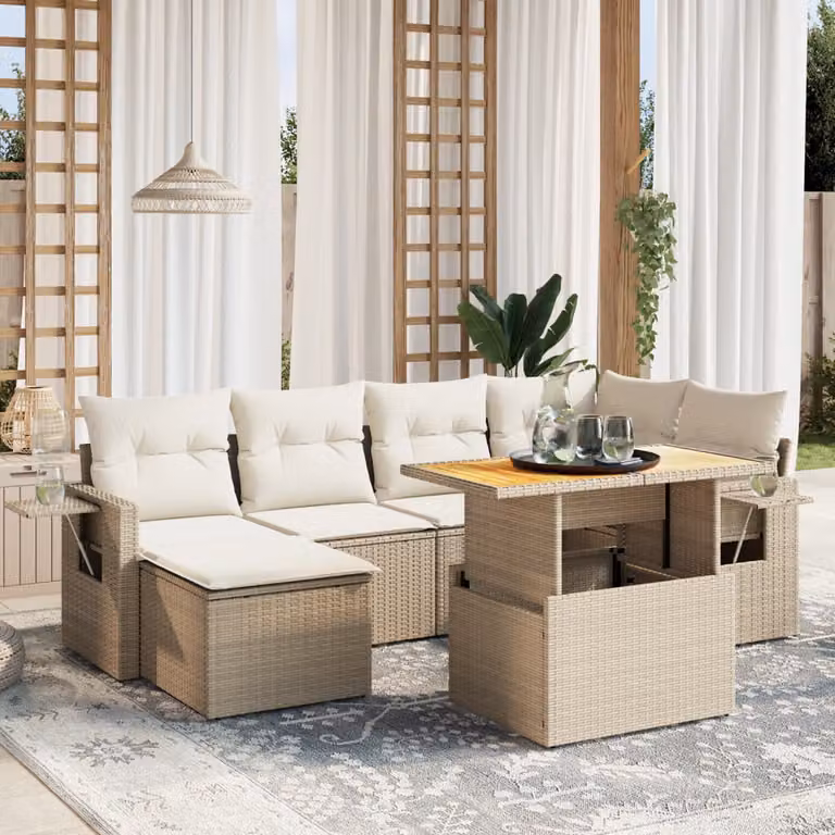 Set di divani da giardino vidaXL in polyrattan beige con cuscini e tavolino da esterno a forma di L