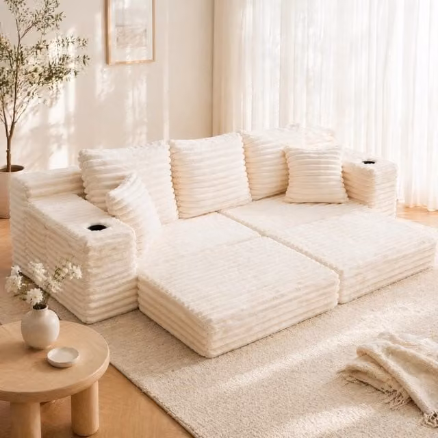 Divano letto comprimibile in velluto a coste con schienale alto; tasche e portabevande; beige