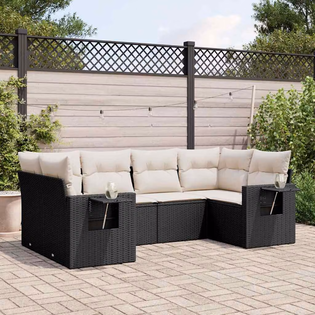 Set Divano da Giardino vidaXL 6 pz a Forma a L con Cuscini, Tavolino e Poltrona Lounge, Nero e Bianco in Polyrattan e Acciaio Verniciato a Polvere – 1