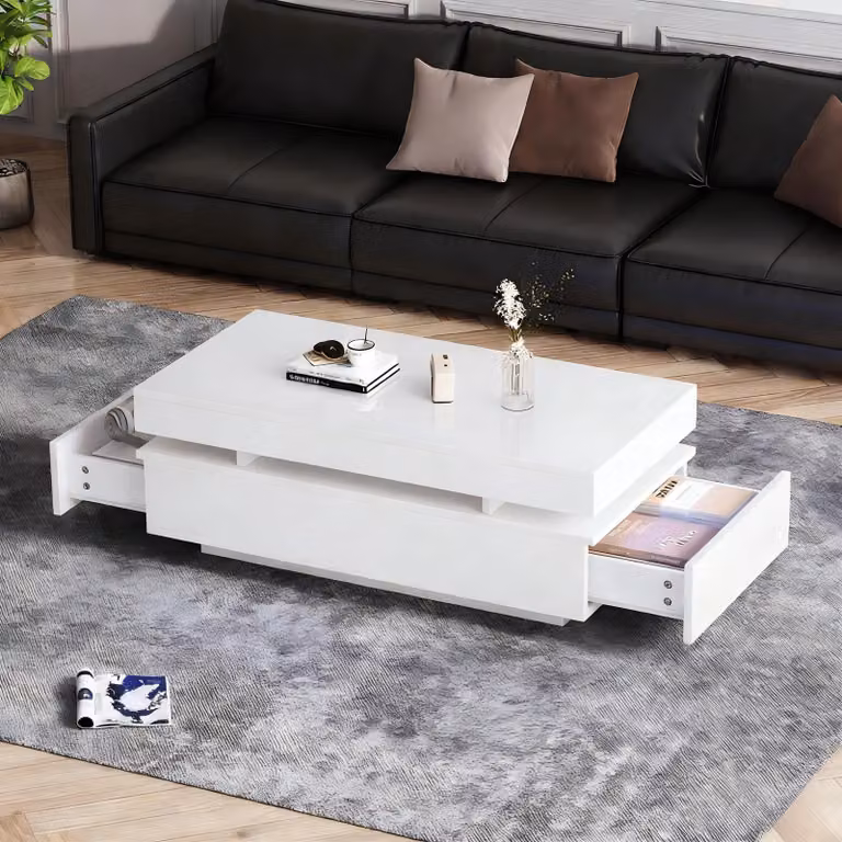 MODFU Tavolo da soggiorno, tavolino da conferenza, mobile contenitore, tavolino laterale. Con 2 cassetti. Illuminazione ambientale a LED. Ideale per il soggiorno. Materiale: truciolato. Colore: bianco. Dimensioni: 100 x 50 x 35 cm