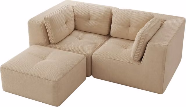 Divano angolare modulare a 2 posti in tessuto vellutato beige con poggiapiedi regolabile, senza struttura