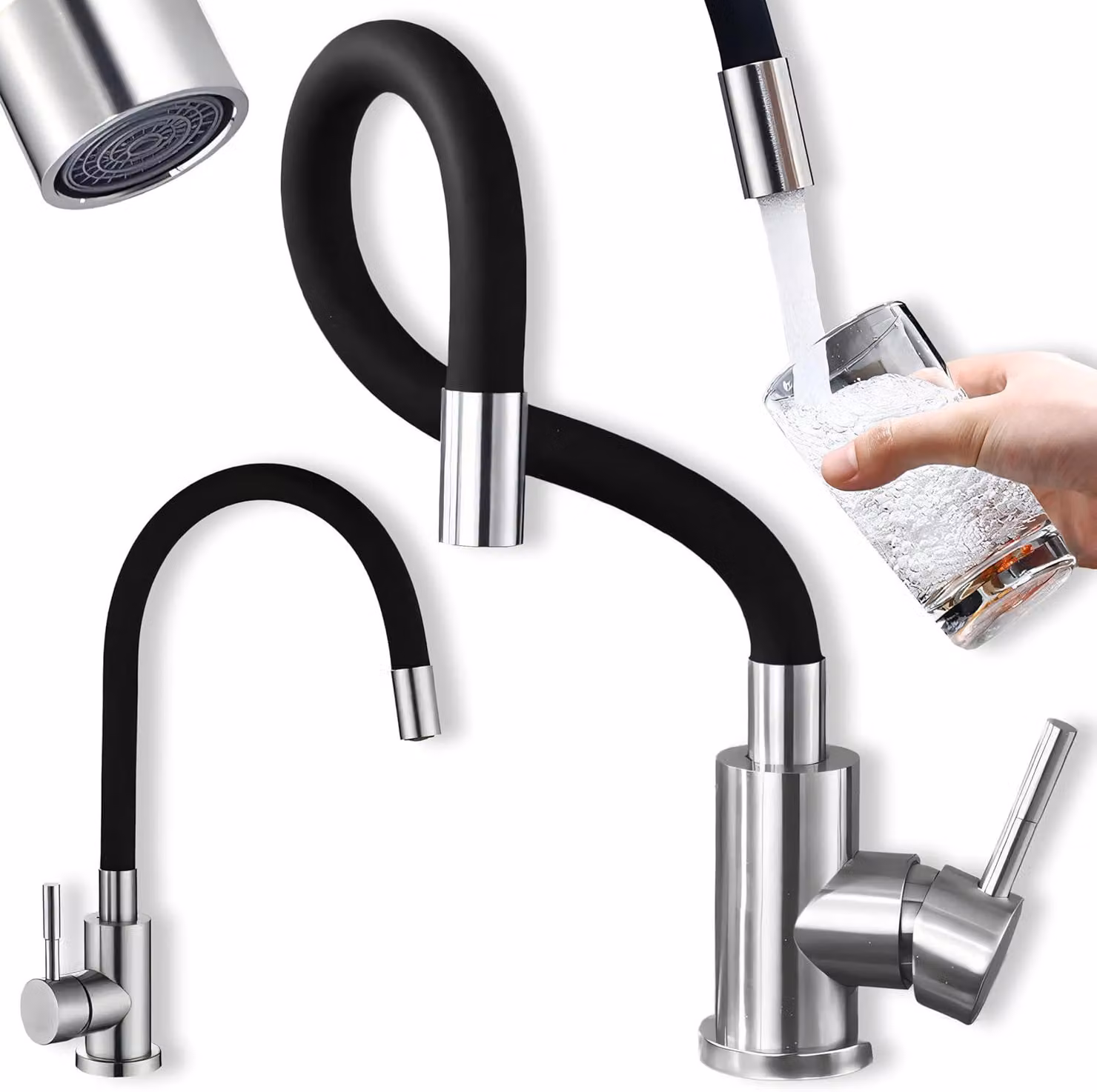 Rubinetto da cucina ad alta pressione, girevole a 360°, in acciaio inossidabile spazzolato, con doccetta estraibile, in silicone, e altezza regolabile