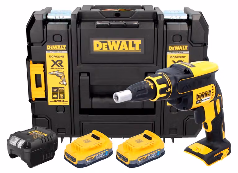 Avvitatore a batteria per cartongesso DeWalt DCF 620 E2T 18 V 30 Nm senza spazzole + 2x batteria Powerstack 1,7 Ah + caricatore + TSTAK