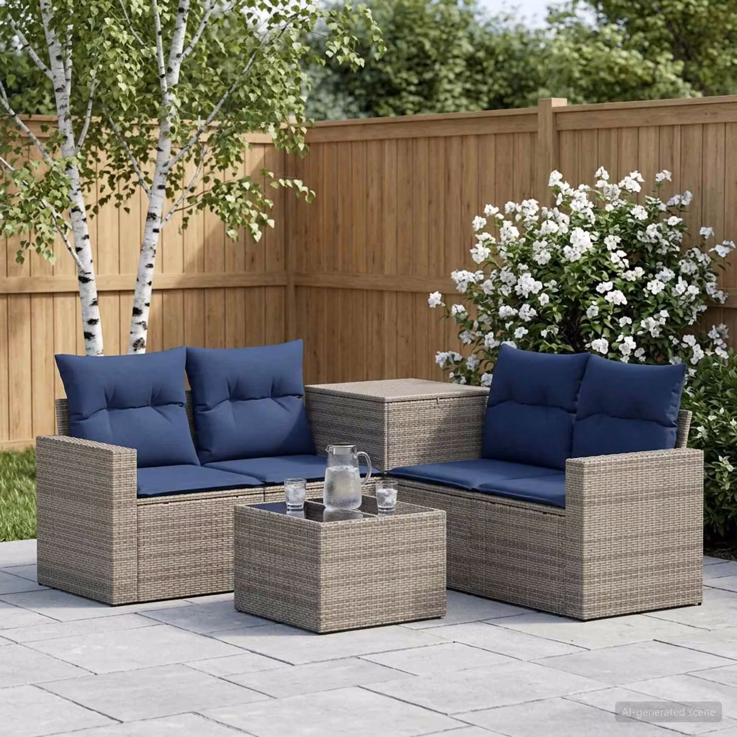 Set di divani da giardino vidaXL a forma di L composto da 6 pezzi in rattan sintetico e acciaio con cuscini inclusi, colori grigio e blu navy