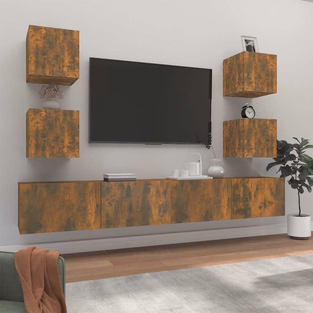 Set di mobili porta TV da soggiorno vidaXL in legno multistrato color rovere fumo, 6 pezzi, modello a parete