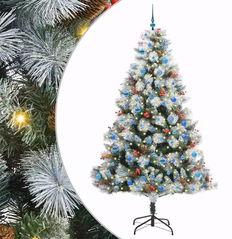 Albero di Natale artificiale, verde e bianco, 240 cm, realizzato in PVC, metallo e plastica