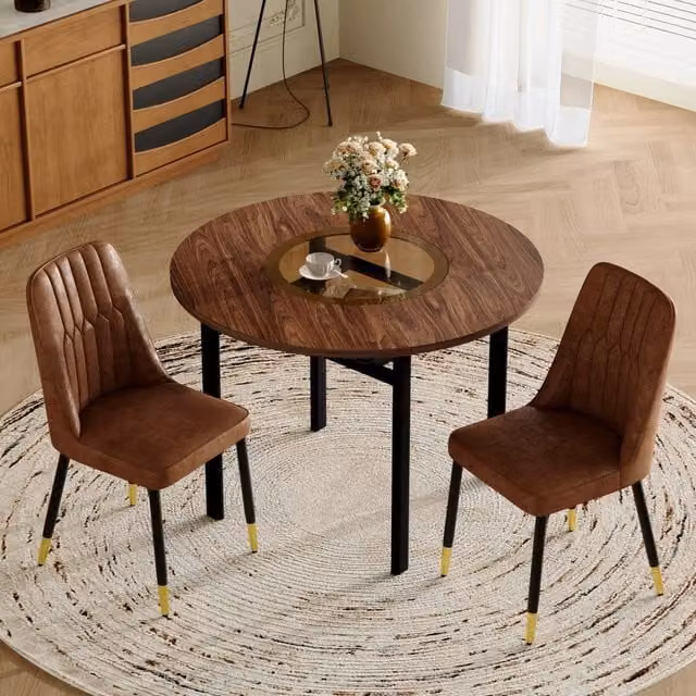 Set tavolo rotondo e 2 sedie MIVRAY in MDF con inserti in vetro e rivestimento in tessuto marrone e nero – 1