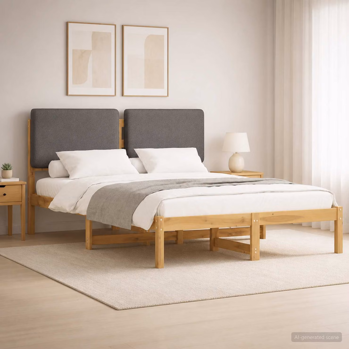 Letto con testiera rivestita vidaXL in legno di acacia bianco lavato e grigio chiaro L/P/H: 160 x 200 x 85 cm