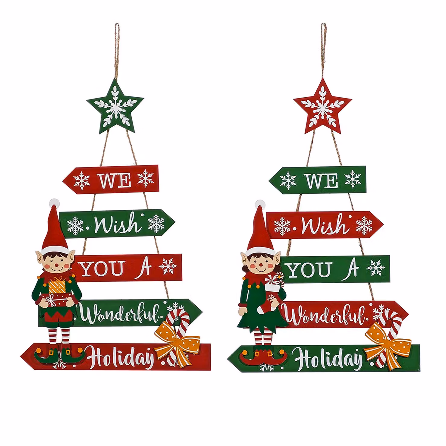 Appendino Natalizio da Parete in Legno con Elfo e Frecce Decorative Vestiamo Casa Gran Natale, H 60 cm x L 33 cm, Rosso e Verde