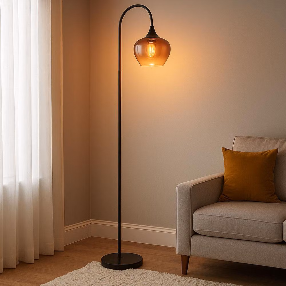 Lampada da terra a LED, curva, vetro rame, nero, H 150 cm