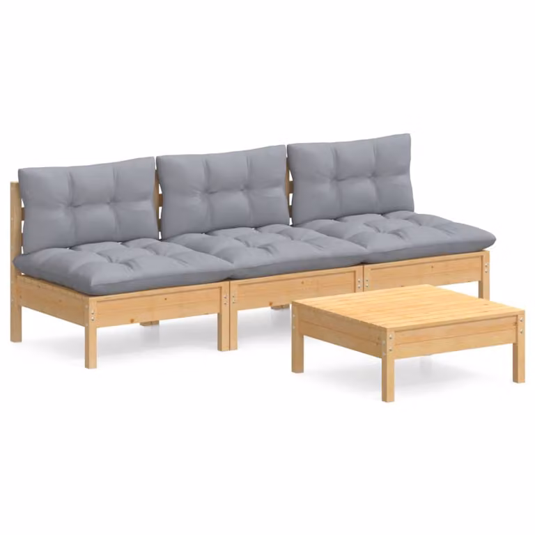 Set Divani da Giardino 4 pz con Cuscini Grigi Massello di Pino