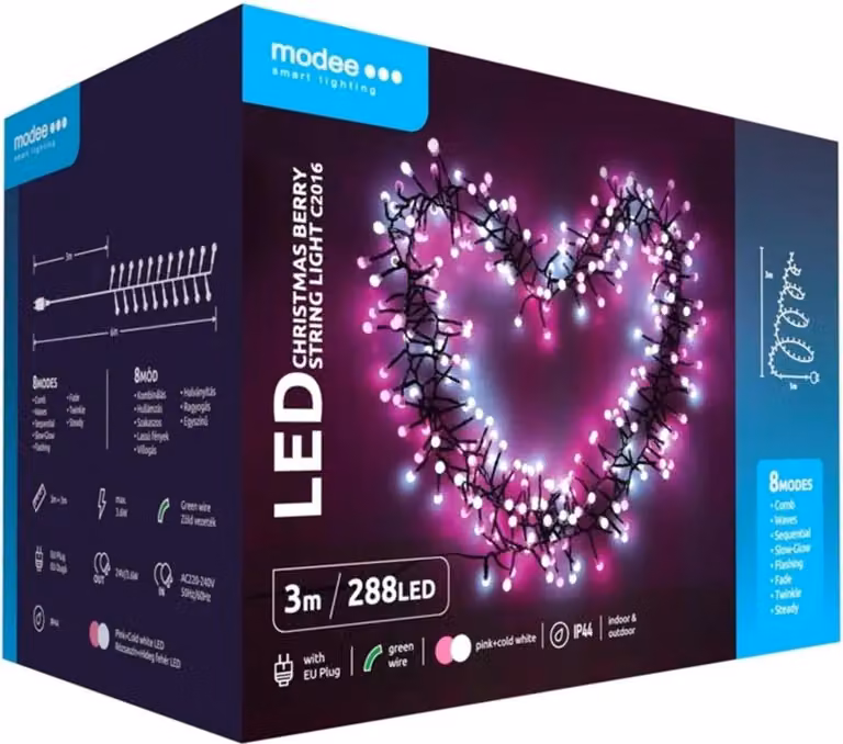 Modee Lighting Catena luminosa natalizia a LED 288 LED 3 m rosa-bianco