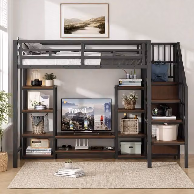 Hochbett 90x200 cm con supporto TV; presa integrata e scala contenitore; nero