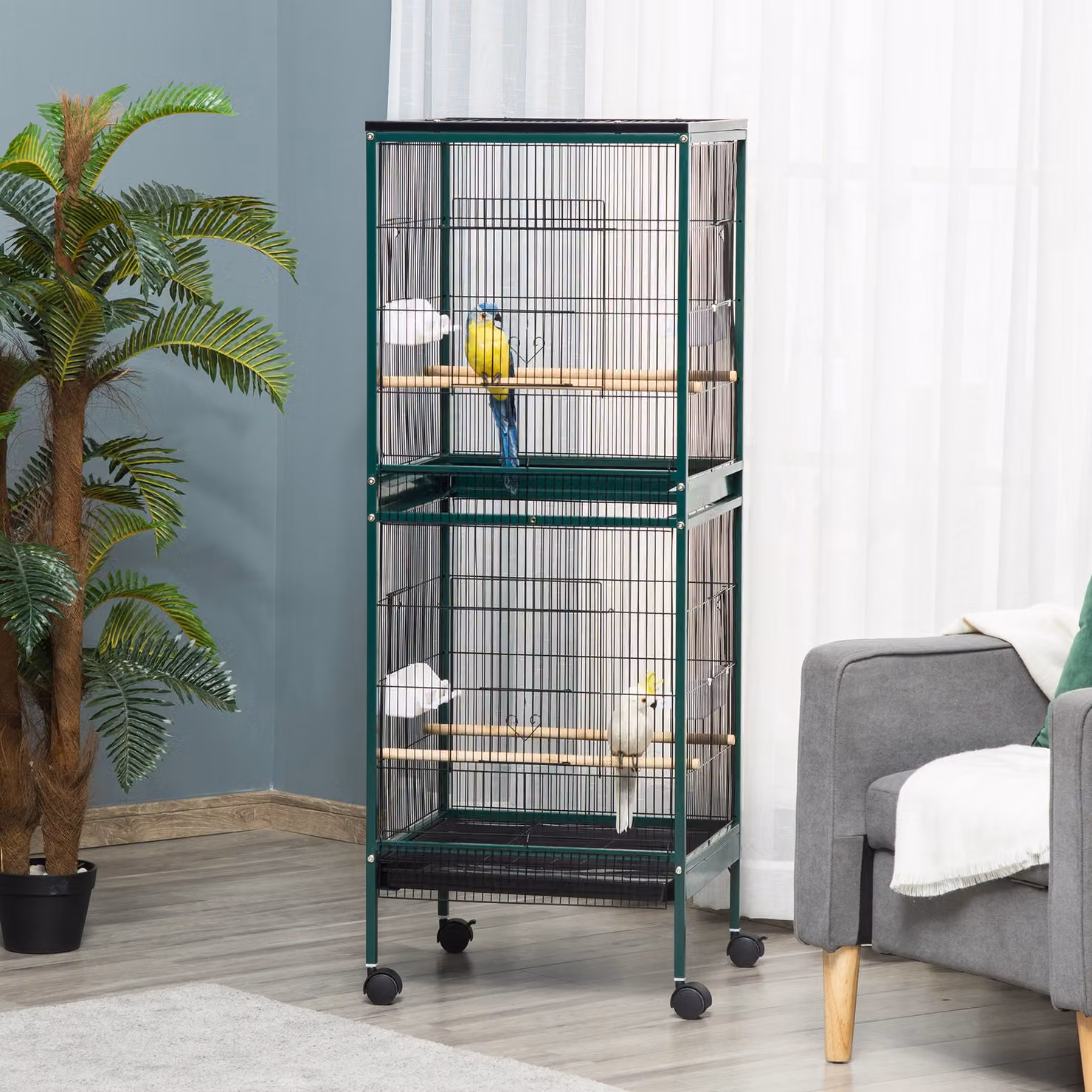 Gabbia Voliera per Uccelli da Interno PawHut con Ruote e Vassoi Estraibili, Verde Scuro, H 140 x L 50 x P 50 cm – 2