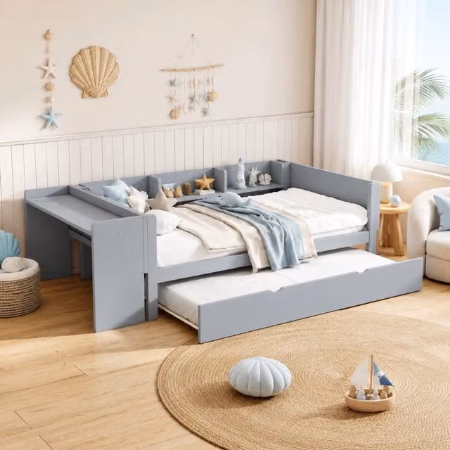 Letto Mivray con letto estraibile, scrivania e tre ripiani laterali in legno di pino e MDF, Grigio, L/P/H: 241.9 x 140 x 112 cm, Letto estraibile 90 x 200 cm